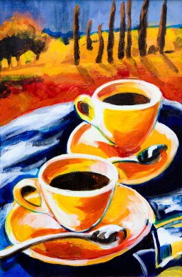 Canvas Koffie drinken op het terras