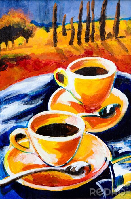 Canvas Koffie drinken op het terras