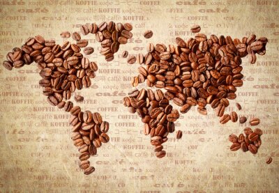 Koffiebonen die een wereldkaart vormen