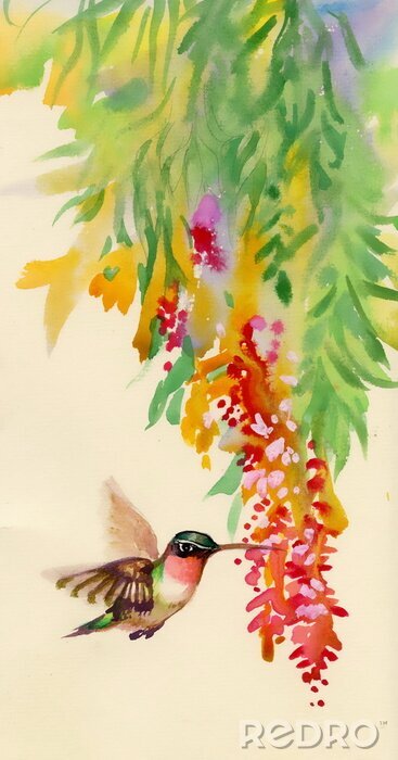 Canvas Kolibrie die naar de bloemen vliegt