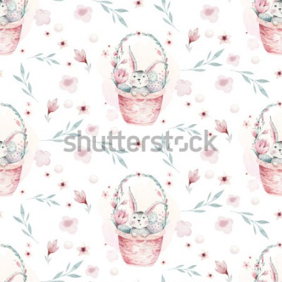 Canvas Konijntjes in manden versierd met bloemen