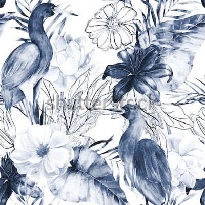 Canvas Kraanvogel en bloemen