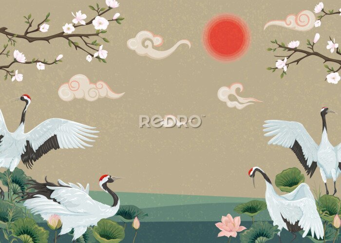 Canvas Kranen in een oosterse illustratie