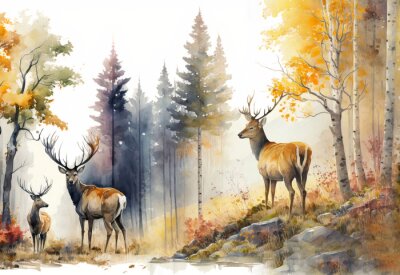 Canvas Kudde herten in het herfstbos
