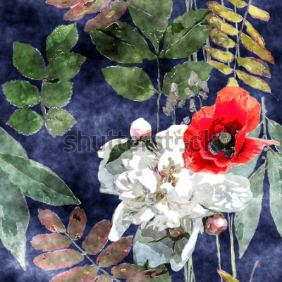 Canvas kunst vintage aquarel kleurrijke bloemen naadloze patroon met rode en witte papavers, pioenrozen, bladeren en grassen op donkerblauwe achtergrond