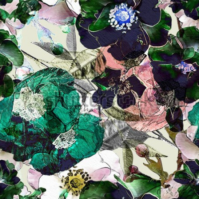 Canvas kunst vintage potlood bloemen kleurrijk naadloos patroon met zwarte rozen en groene papavers op lichte achtergrond. Dubbele belichting en bokeh-effect