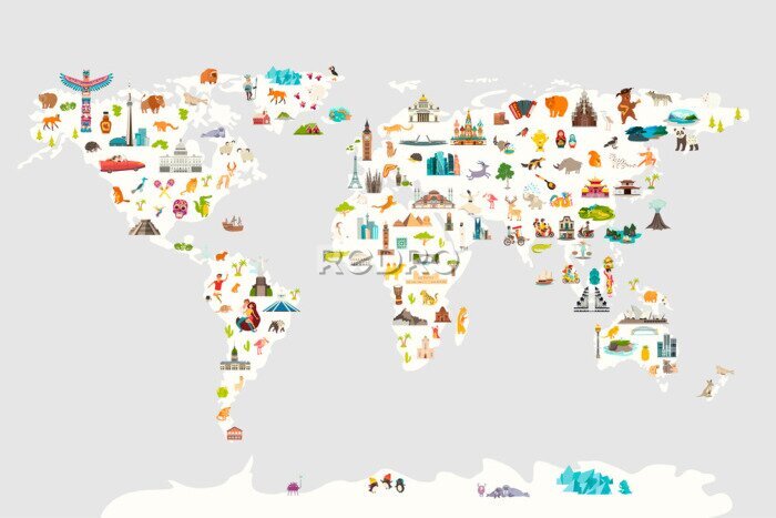 Canvas Landmarks world map vector cartoon illustration. Cartoon globe vector illustration. Oceans and continent: South America, Eurasia, North America, Africa, Australia