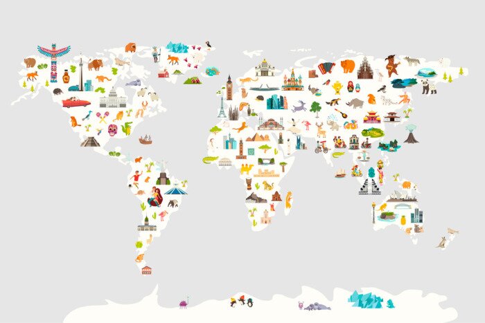 Canvas Landmarks world map vector cartoon illustration. Cartoon globe vector illustration. Oceans and continent: South America, Eurasia, North America, Africa, Australia