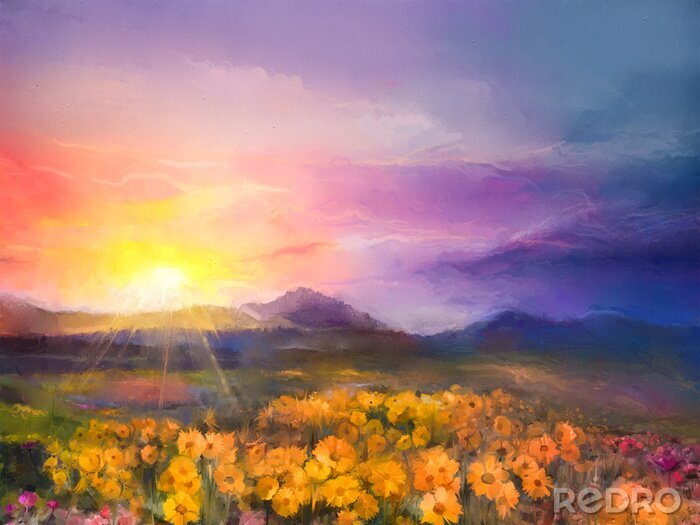 Canvas Landschap met madeliefjes en zonsondergang