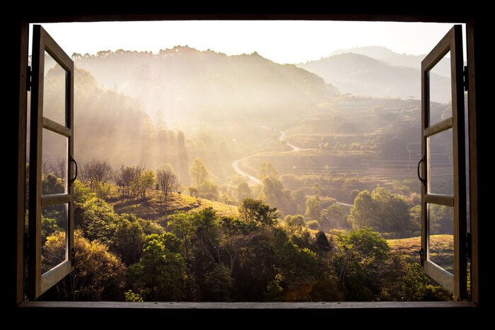 Canvas landschap natuur uitzicht achtergrond. uitzicht vanuit het raam in een prachtig landschap natuur uitzicht met rijst terrassen en ruimte voor uw tekst in Chiangmai, Thailand, Indochina