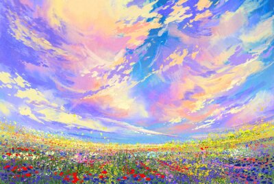 Canvas landschap schilderen, kleurrijke bloemen in het veld onder prachtige wolken