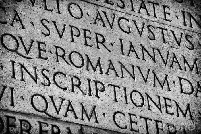 Canvas Latin ancient language and classical education. Inscription from Emperor Augustus famous Res Gestae (1st century AD), with the word Romanum in the center (Black and White)