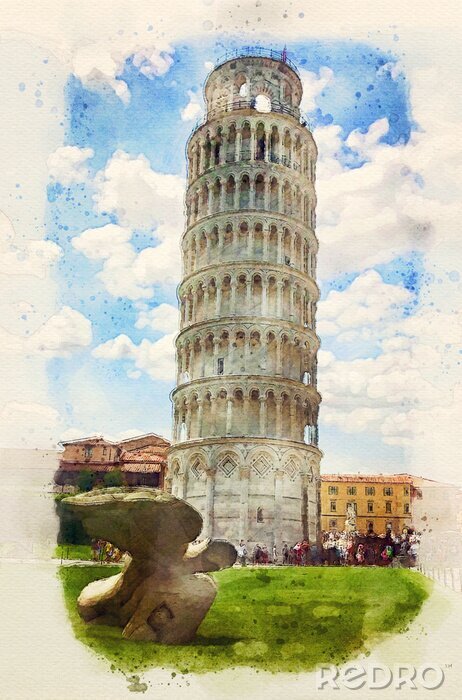 Canvas  Leaning Tower of Pisa, Italy. Watercolor painting