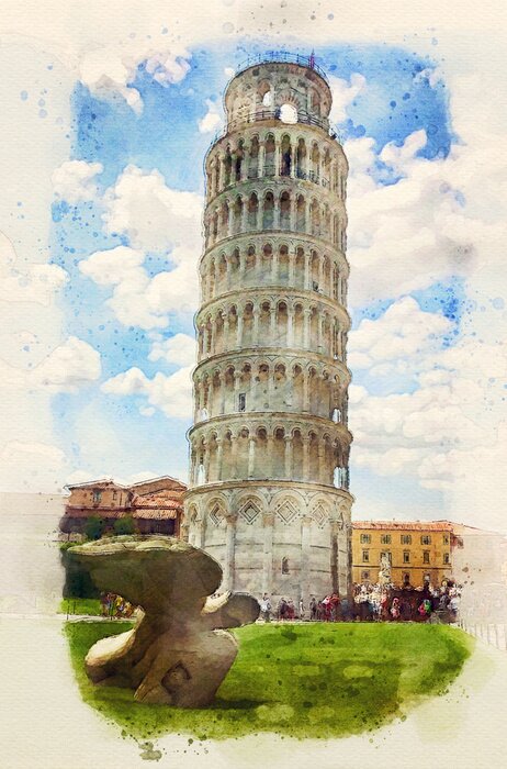 Canvas  Leaning Tower of Pisa, Italy. Watercolor painting