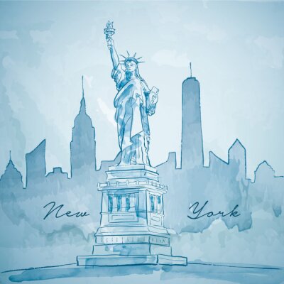 Canvas Liberty standbeeld met New York gebouw stadssilhouet