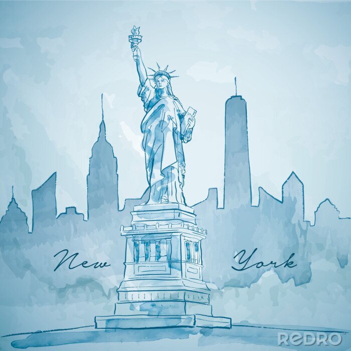 Canvas Liberty standbeeld met New York gebouw stadssilhouet