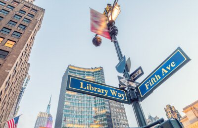 Canvas Library way and Fifth avenue street signs in New York City