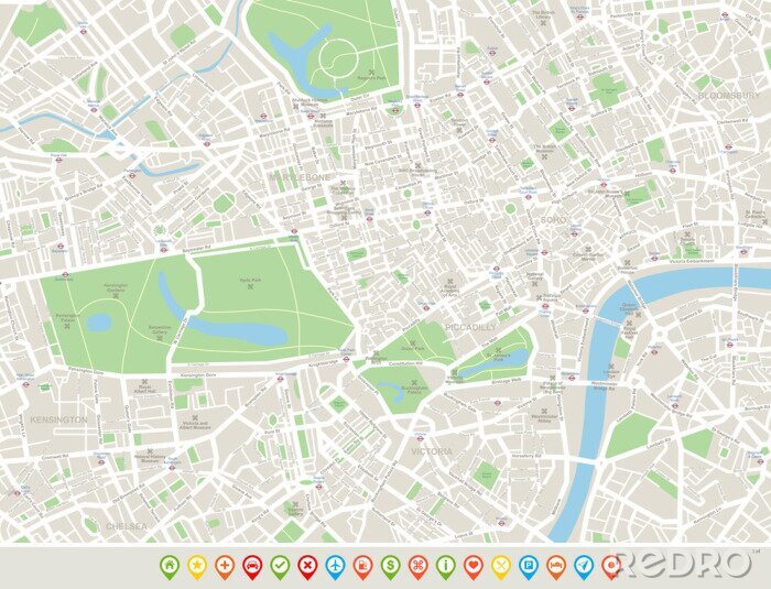 Canvas Londen Kaart en navigatie pictogrammen. Kaart omvat straten, parken, namen van onderdistricten, interessante punten.