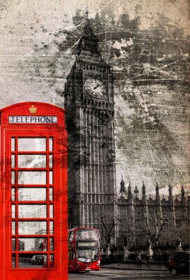 Canvas Londen Telefonzelle und Big Ben, Vintage