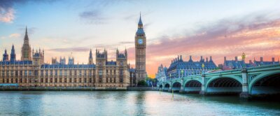 Canvas Londen, UK panorama. Big Ben in Westminster Palace op de rivier de Theems bij zonsondergang