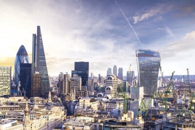 Canvas Londen zonsondergang, zicht op zaken moderne wijk