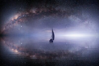 Canvas lone sailing luxur yacht under starry night with milkyway galaxy