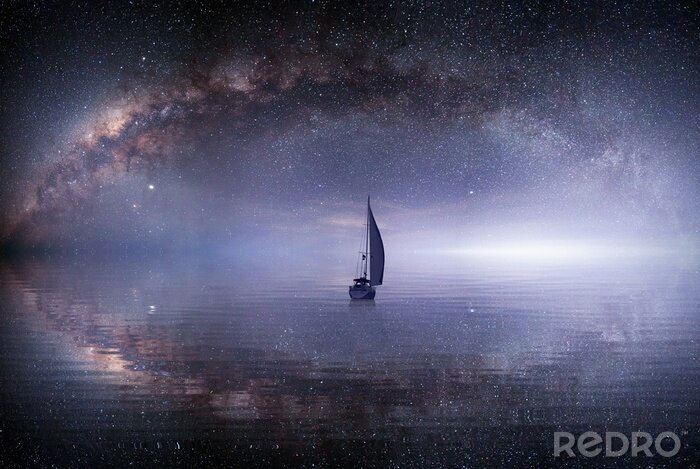 Canvas lone sailing luxur yacht under starry night with milkyway galaxy