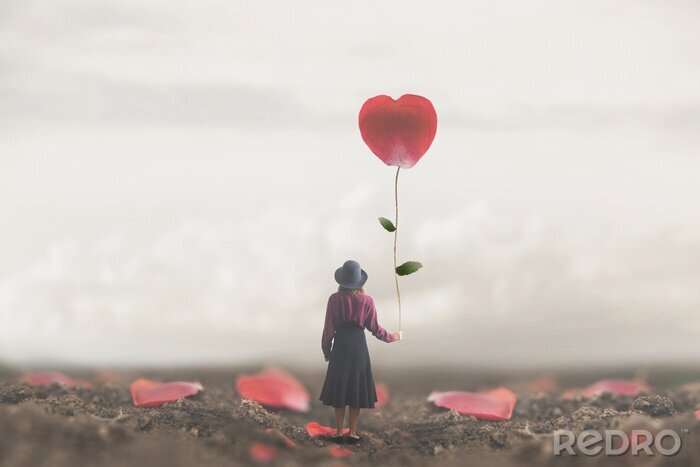 Canvas lonely romantic woman holds a giant petal made to heart