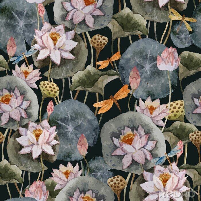 Canvas Lotus en libellen