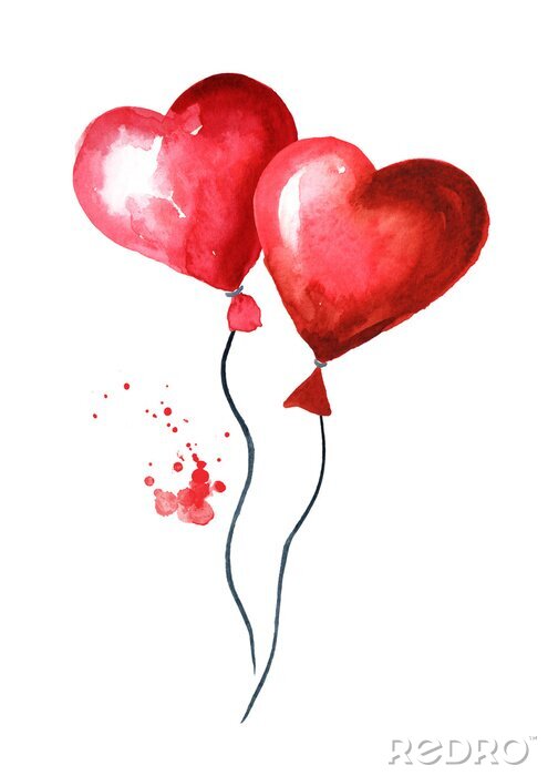 Canvas Love and romance illustration. Valentines red heart balloons. Watercolor hand drawn illustration, isolated on white background