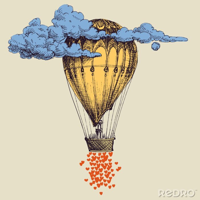 Canvas Luchtballon in de lucht met veel harten. Liefde concept