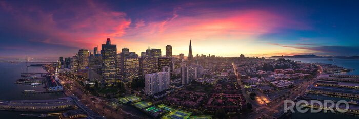 Canvas Luchtfoto panoramisch uitzicht van San Francisco Skyline bij zonsondergang