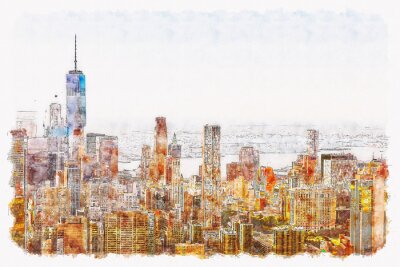 Canvas Luchtfoto van Lower Manhattan New York City aquarel