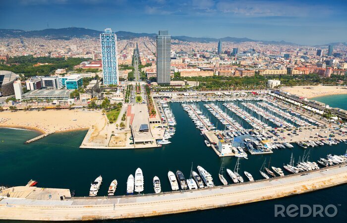Canvas luchtfoto van Port Olimpic uit helikopter. Barcelona