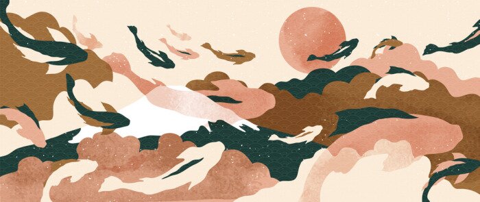 Canvas Luxury oriental style wall arts vector. Abstract arts design with Koi fish, Ocean, mountain, sun, moon texture texture and brush design for wallpaper, wall framed prints, canvas prints and home decor.