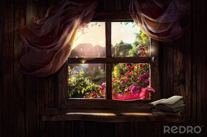 Canvas Magic venster met een fairy tuin van rozen