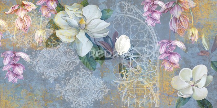 Canvas Magnolia bloemen en ornamenten