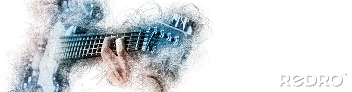 Canvas Man holding playing a guitar, blue brown color image with digital effects sketch silhouette on white panoramic background copy free space for your conceptual advertisement text
