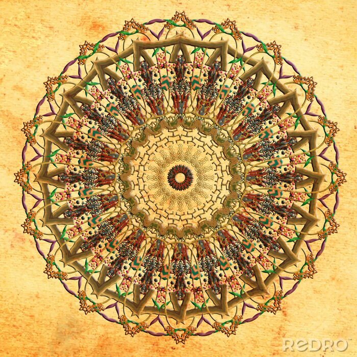Canvas mandala colorful vintage art, ancient Indian vedic background design, old painting texture with multiple mathematical shapes, seamless pattern decoration for wall painting