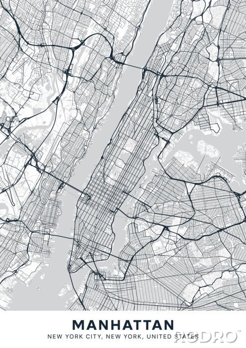 Canvas Manhattan map. Light poster with map of Manhattan borough (New York, United States). Highly detailed map of Manhattan with water objects, roads, railways, etc. Printable poster.
