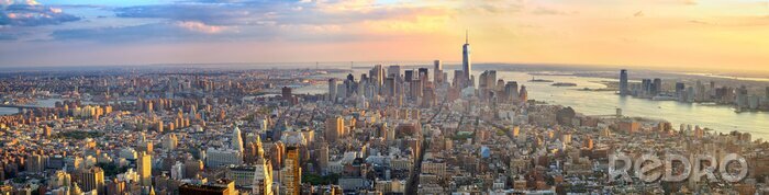 Canvas Manhattan panorama bij zonsondergang luchtfoto, New York, Verenigde Staten