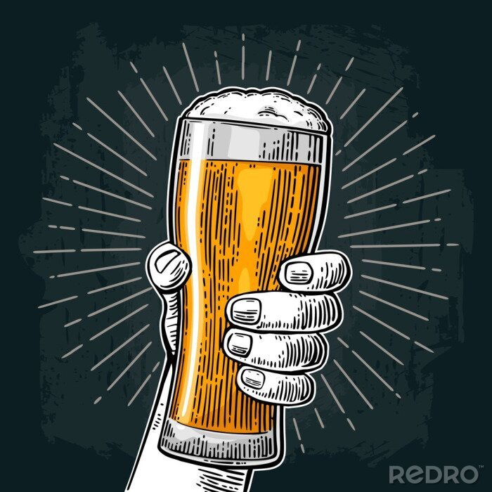 Canvas Mannelijke hand met bierglas. Geboren om bier te drinken