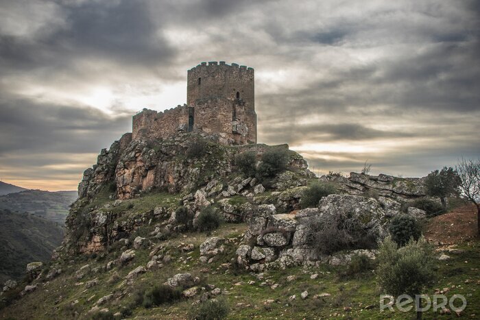 Canvas Medieval castle on a cliff on a cloudy day, Algoso, Vimioso, Miranda do Douro, Bragança, Tras-os-Montes, Portugal