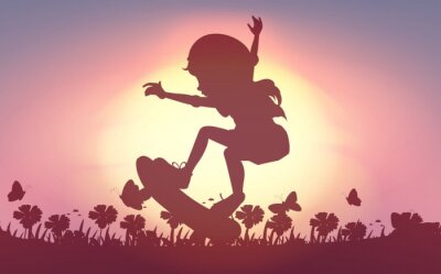 Canvas Meisje op skateboard tussen veldbloemen