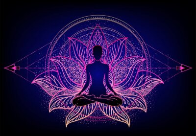 Menselijk silhouet in lotushouding met mandala als achtergrond