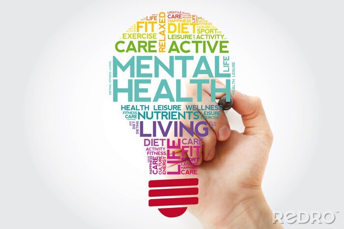 Canvas Mental health bulb word cloud collage with marker, health concept background