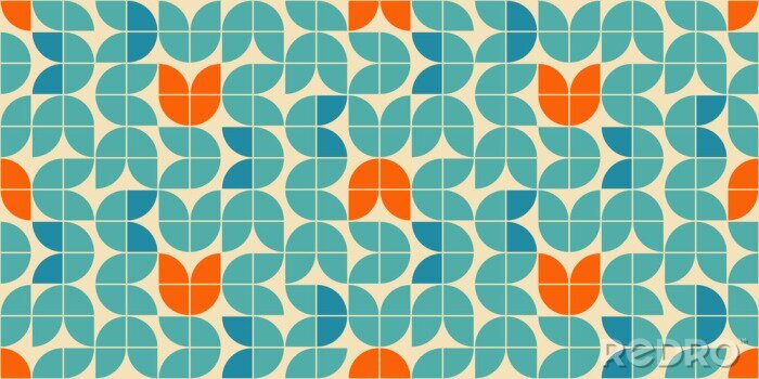 Canvas Mid century modern style seamless vector pattern with geometric floral shapes colored in orange, green turquoise and aqua blue. Retro geometrical pattern sixties style.