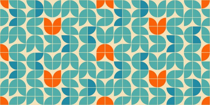 Canvas Mid century modern style seamless vector pattern with geometric floral shapes colored in orange, green turquoise and aqua blue. Retro geometrical pattern sixties style.