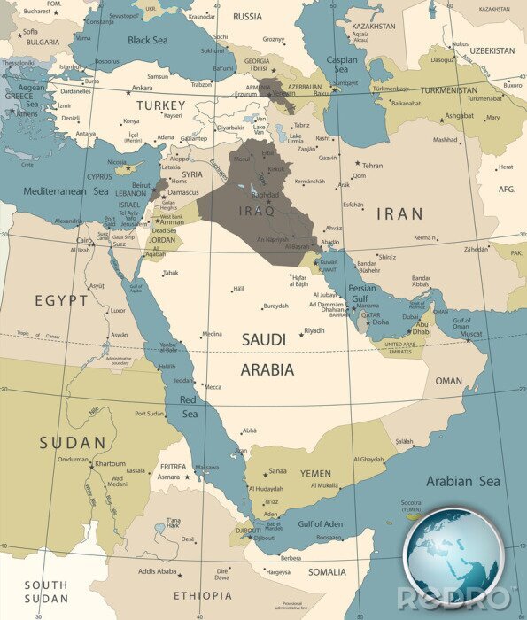Canvas Midden-Oosten en West-Azië Kaart Old Kleuren