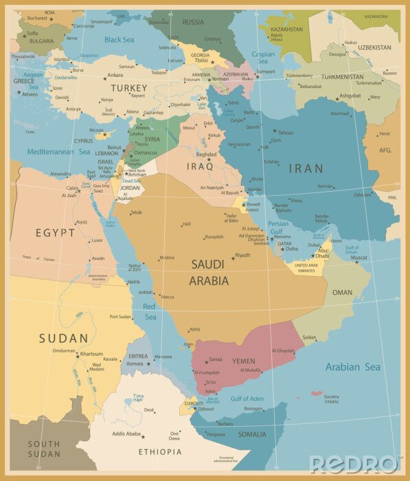 Canvas Midden-Oosten en West-Azië Kaart vintage kleuren